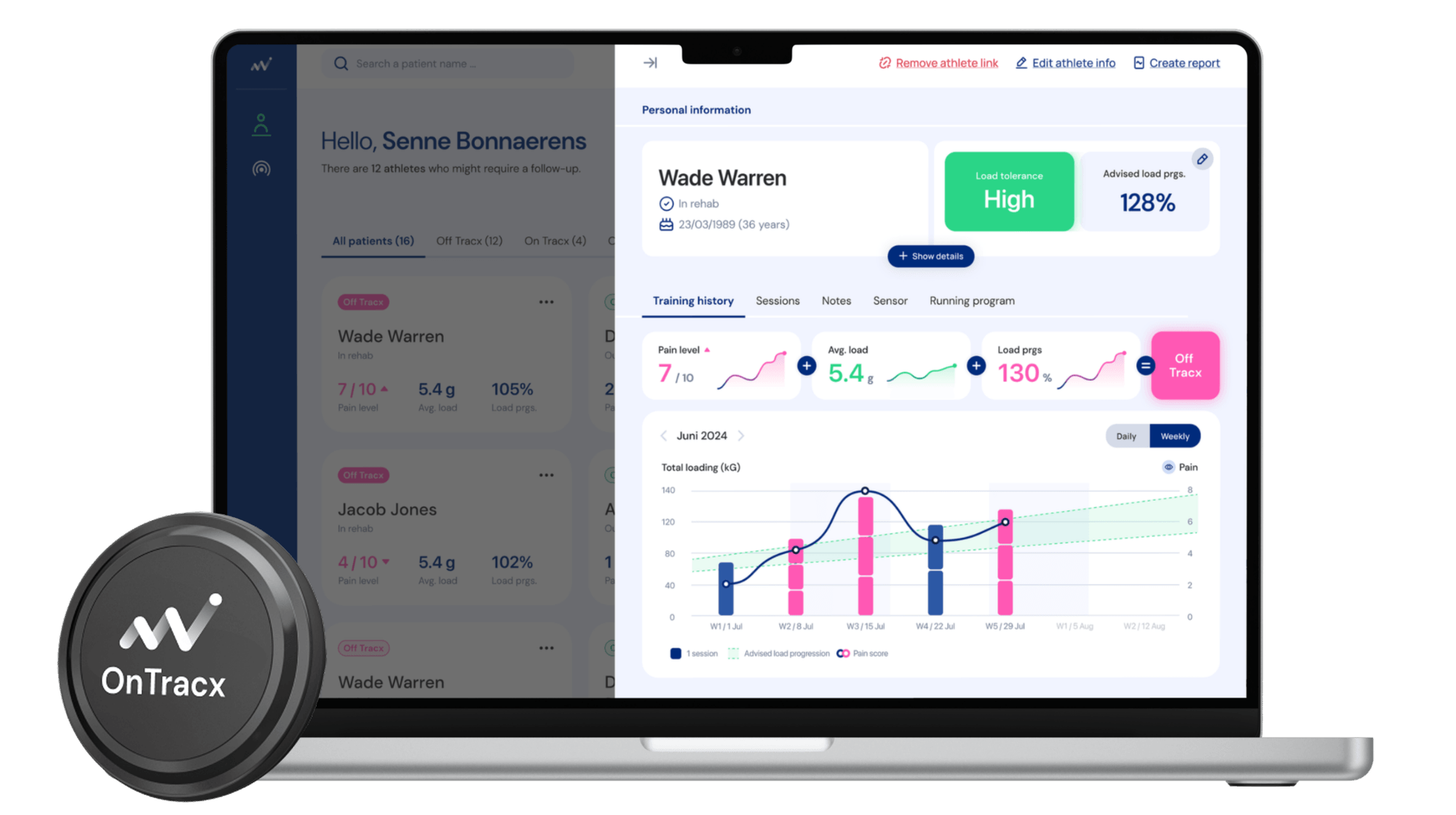 OnTracx-dashboard met trainingshistoriek en belasting